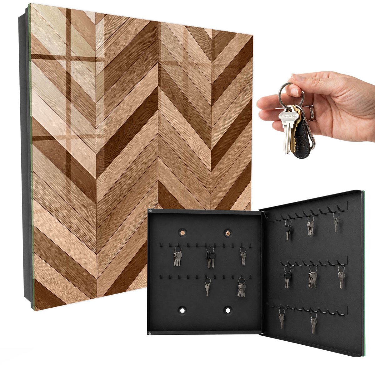 WallMuralia - Sleutelkast - 30x30x5 cm - met 50 haken - Houten Visgraatmotief Sleutelkastje Design - Bruin Sleutelbox - Rechtsopenend - Zwart interieur