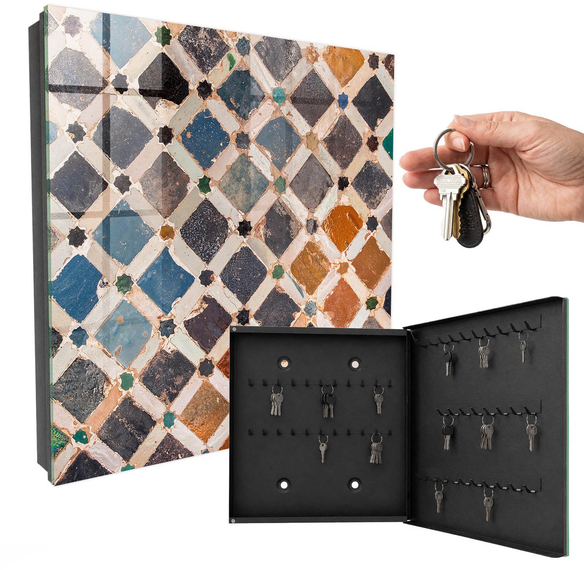 WallMuralia - Sleutelkast - 30x30x5 cm - met 50 haken - Kleurrijk Mozaïek Sleutelkastje Modern - Blauw Sleutelbox - Rechtsopenend - Zwart interieur