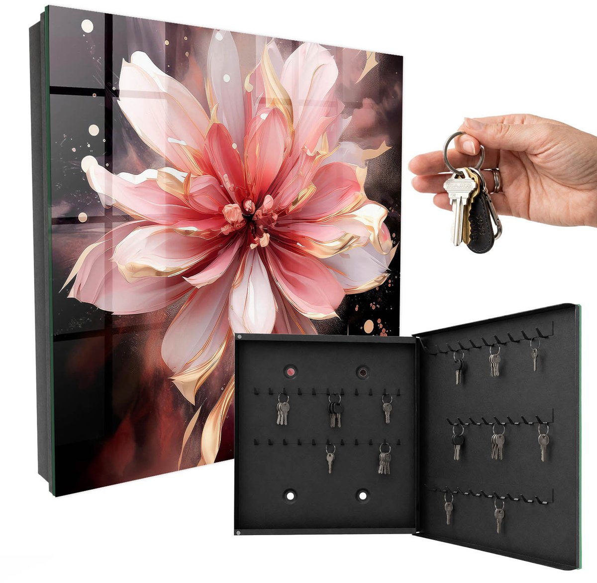 WallMuralia - Sleutelkast - 30x30x5 cm - met 50 haken - Roze Bloem Sleutelkastje Design - Roze Sleutelbox - Rechtsopenend - Zwart interieur