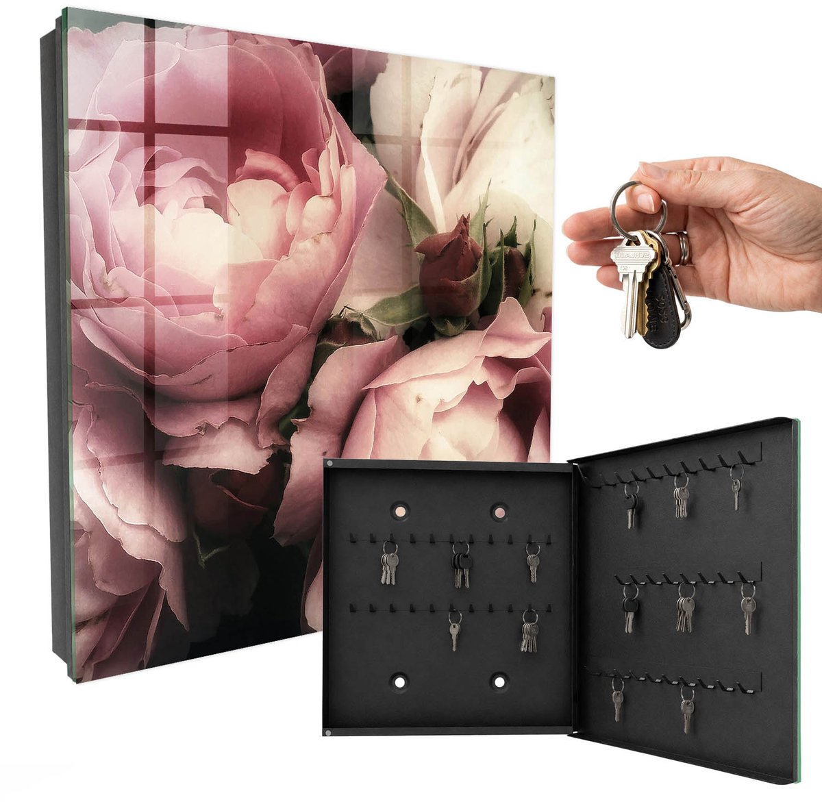 WallMuralia - Sleutelkast - 30x30x5 cm - met 50 haken - Rozen Schoonheid Sleutelkastje - Roze Sleutelbox - Rechtsopenend - Zwart interieur