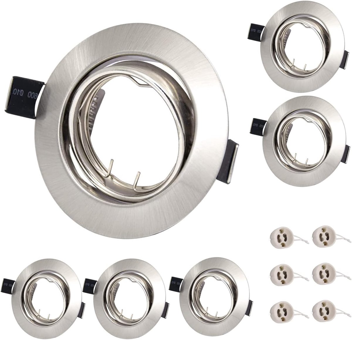 Inbouwframe GU10 draaibaar set van 6, inbouwlamp spot frame rond nikkel met GU10 fitting, inbouwspot zwenkbaar (zilver)