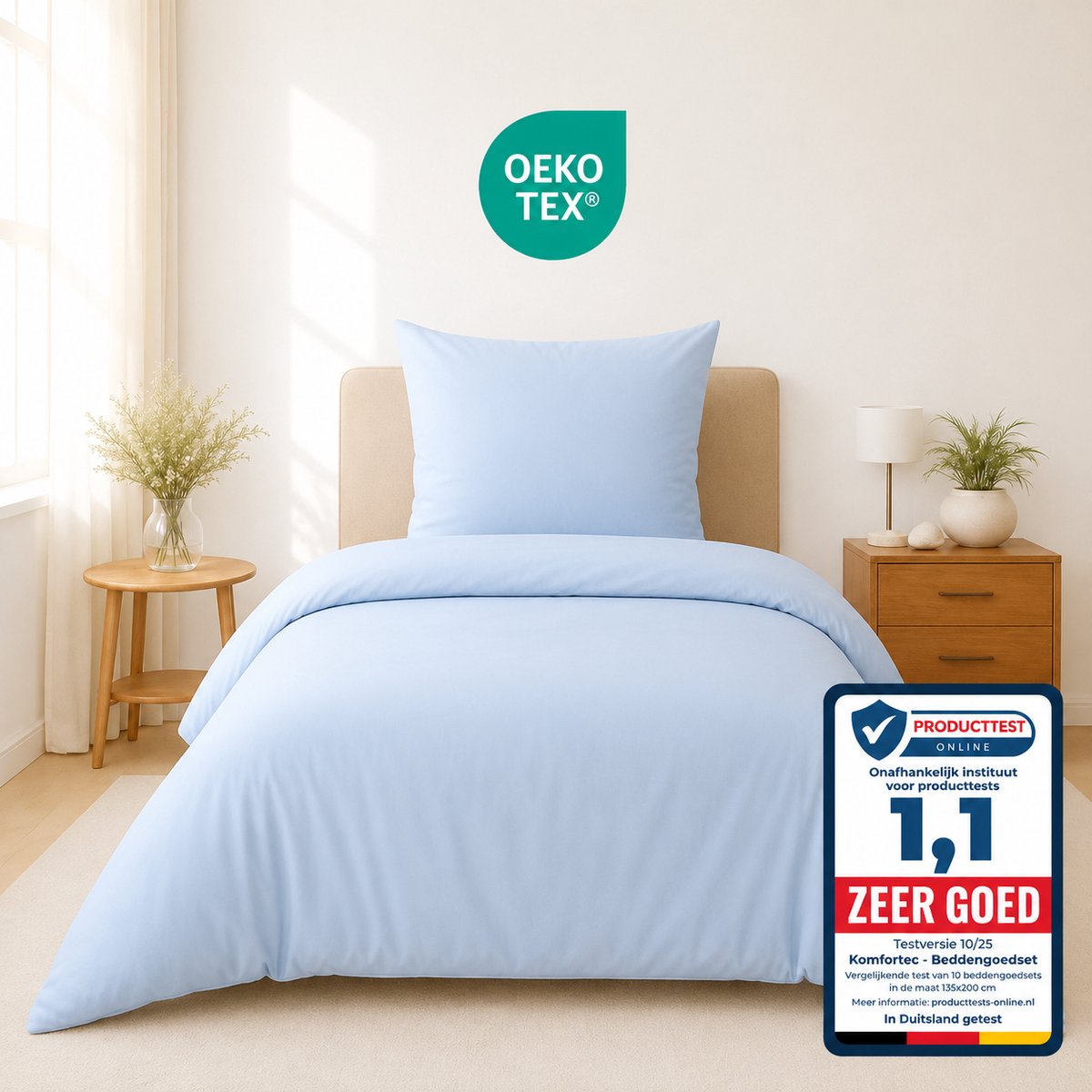 Komfortec Premium Dekbedovertrek 135x200 cm + Kussensloop 80x80 cm - 100% Microvezel - 90 g/m² - 2-Delige Superzachte Beddengoedset - met Rits - Lichtblauw