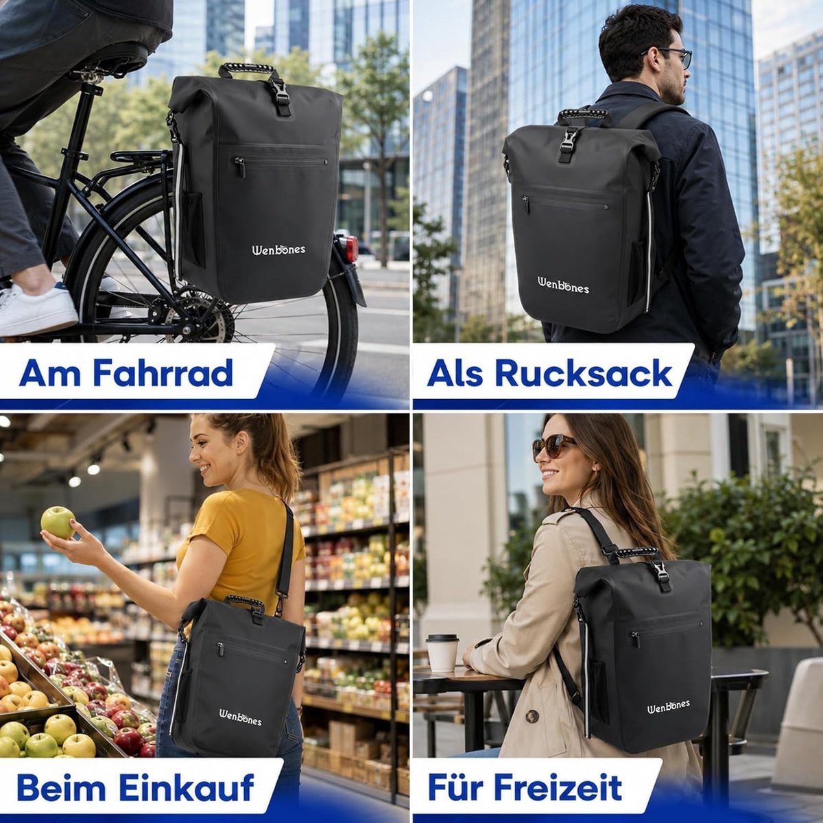 3-in-1 Fietstas 25L - Waterdichte Fietstas, Rugzak en Schoudertas met Reflecterende Details en Laptopcompartiment voor 16 Inch Laptop