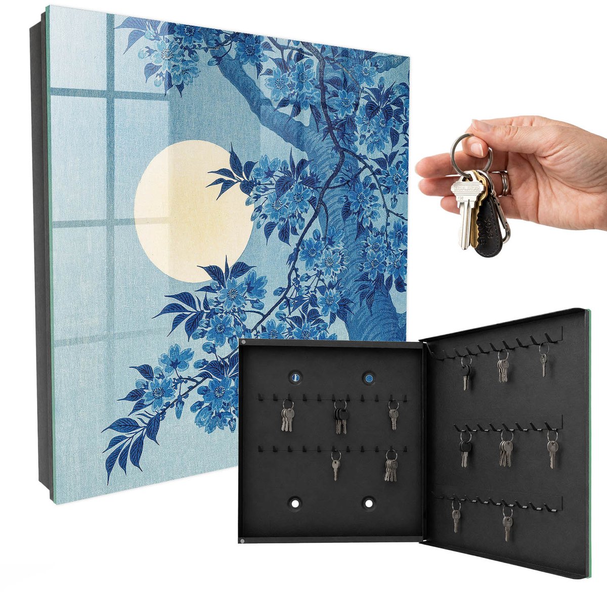 WallMuralia - Sleutelkast - 30x30x5 cm - met 50 haken - Maanverlichte Nacht Sleutelkastje Hal - Blauw Sleutelbox - Rechtsopenend - Zwart interieur