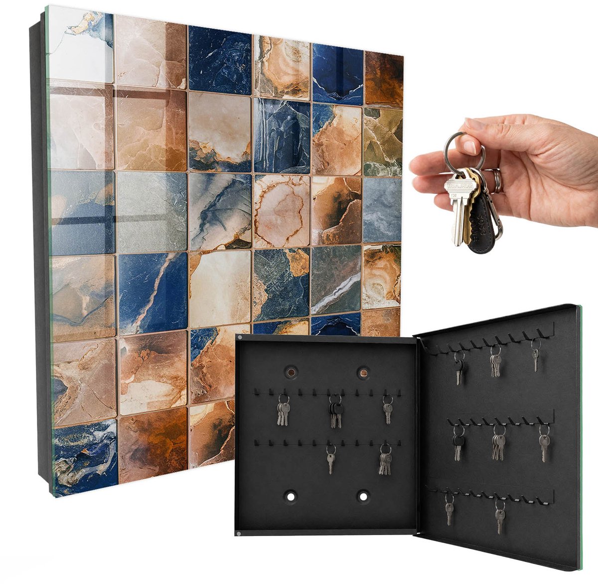 WallMuralia - Sleutelkast - 30x30x5 cm - met 50 haken - Marmeren Mozaïek Sleutelkastje Gang - Bruin Sleutelbox - Rechtsopenend - Zwart interieur