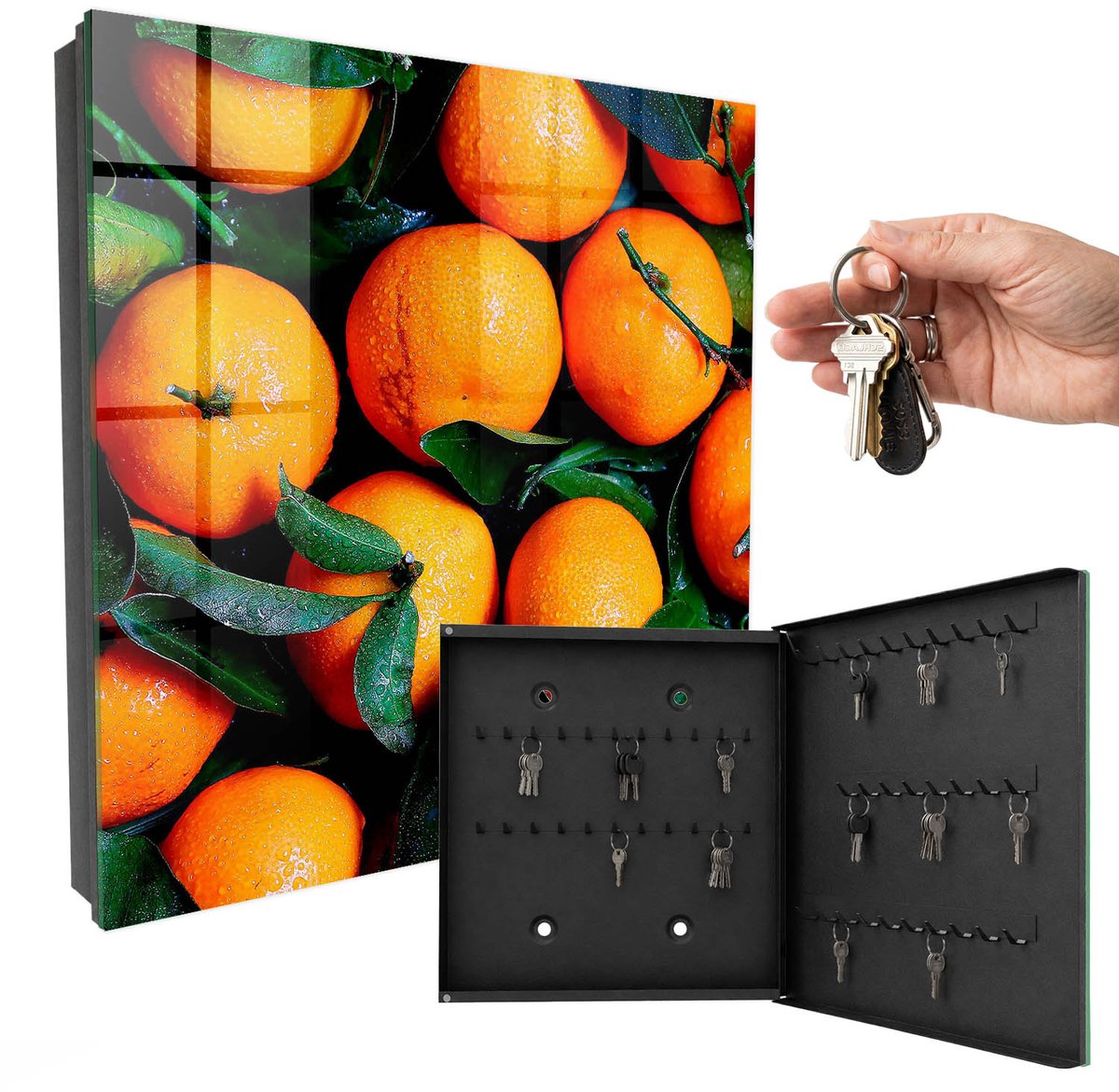 WallMuralia - Sleutelkast - 30x30x5 cm - met 50 haken - Vers Fruit Sleutelkastje - Oranje Sleutelbox - Rechtsopenend - Zwart interieur