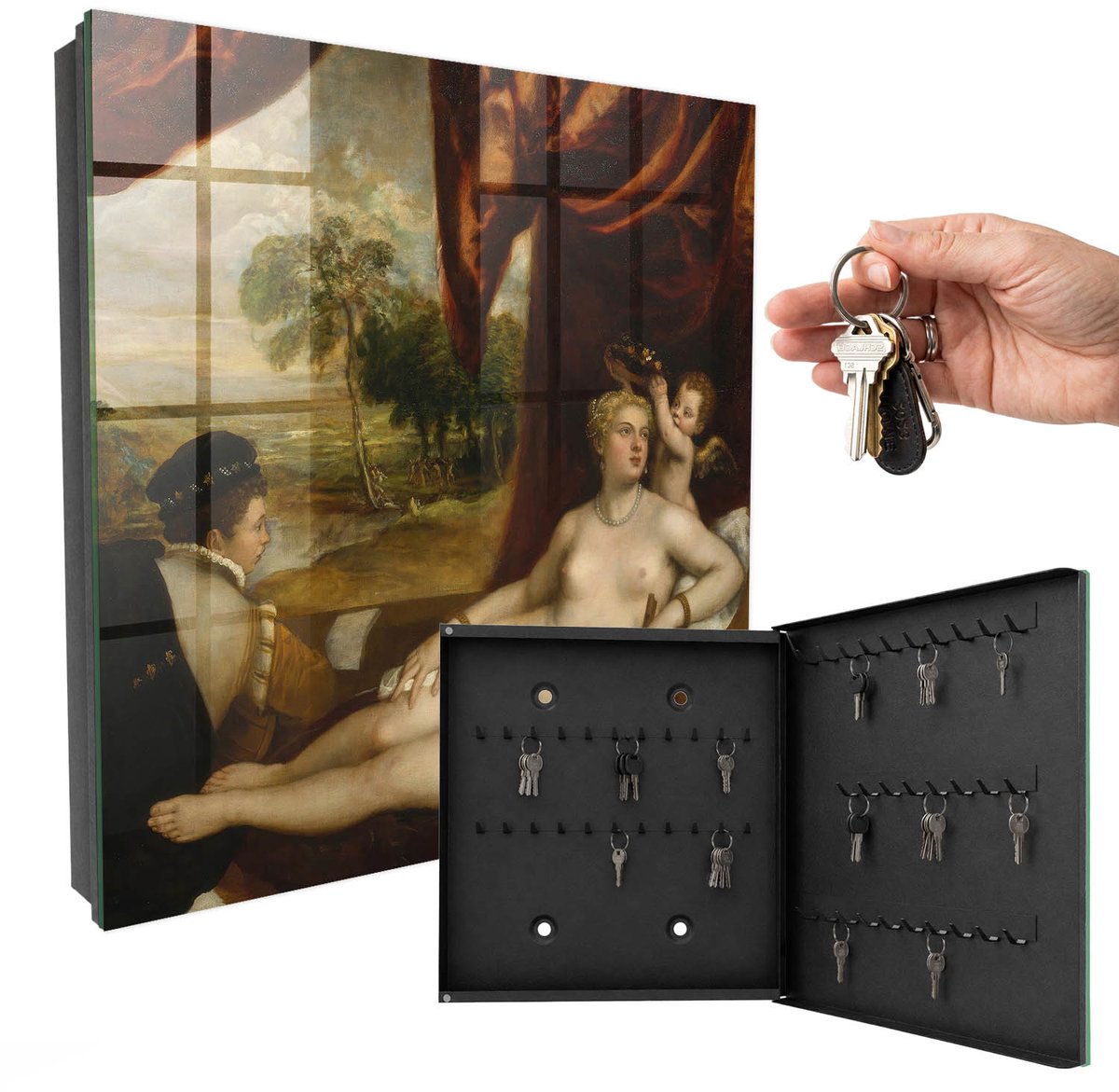 WallMuralia - Sleutelkast - 30x30x5 cm - met 50 haken - Titiaan Venus En De Luitspeler Groot Sleutelkastje - Bruin Sleutelbox - Rechtsopenend - Zwart interieur