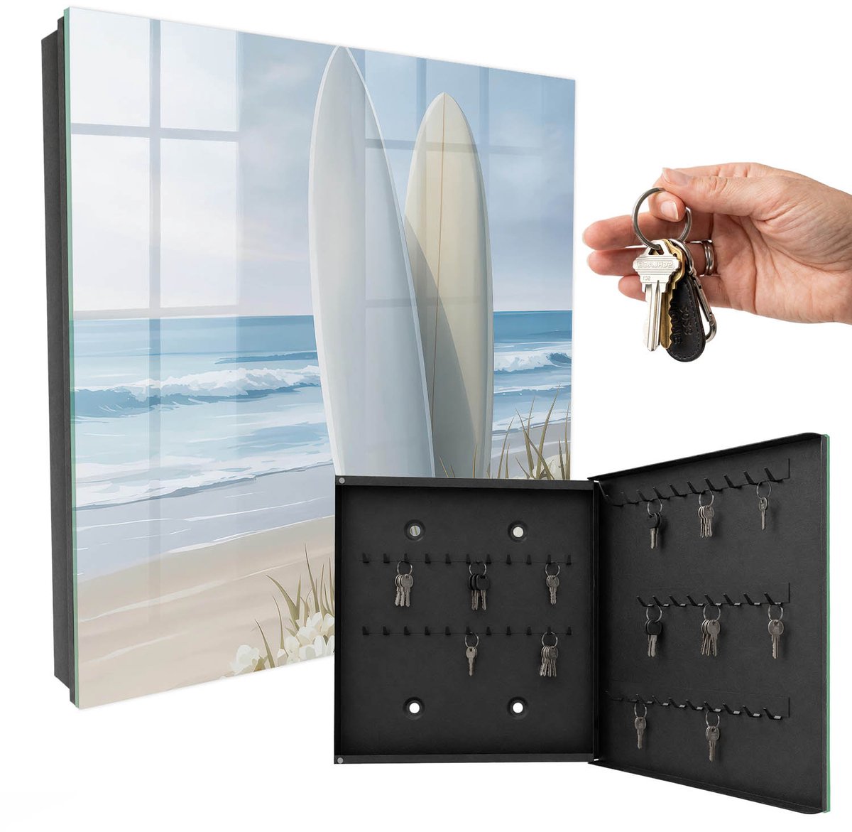 WallMuralia - Sleutelkast - 30x30x5 cm - met 50 haken - Ontspanning Aan Het Strand Sleutelkastje Muur - Wit Sleutelbox - Rechtsopenend - Zwart interieur