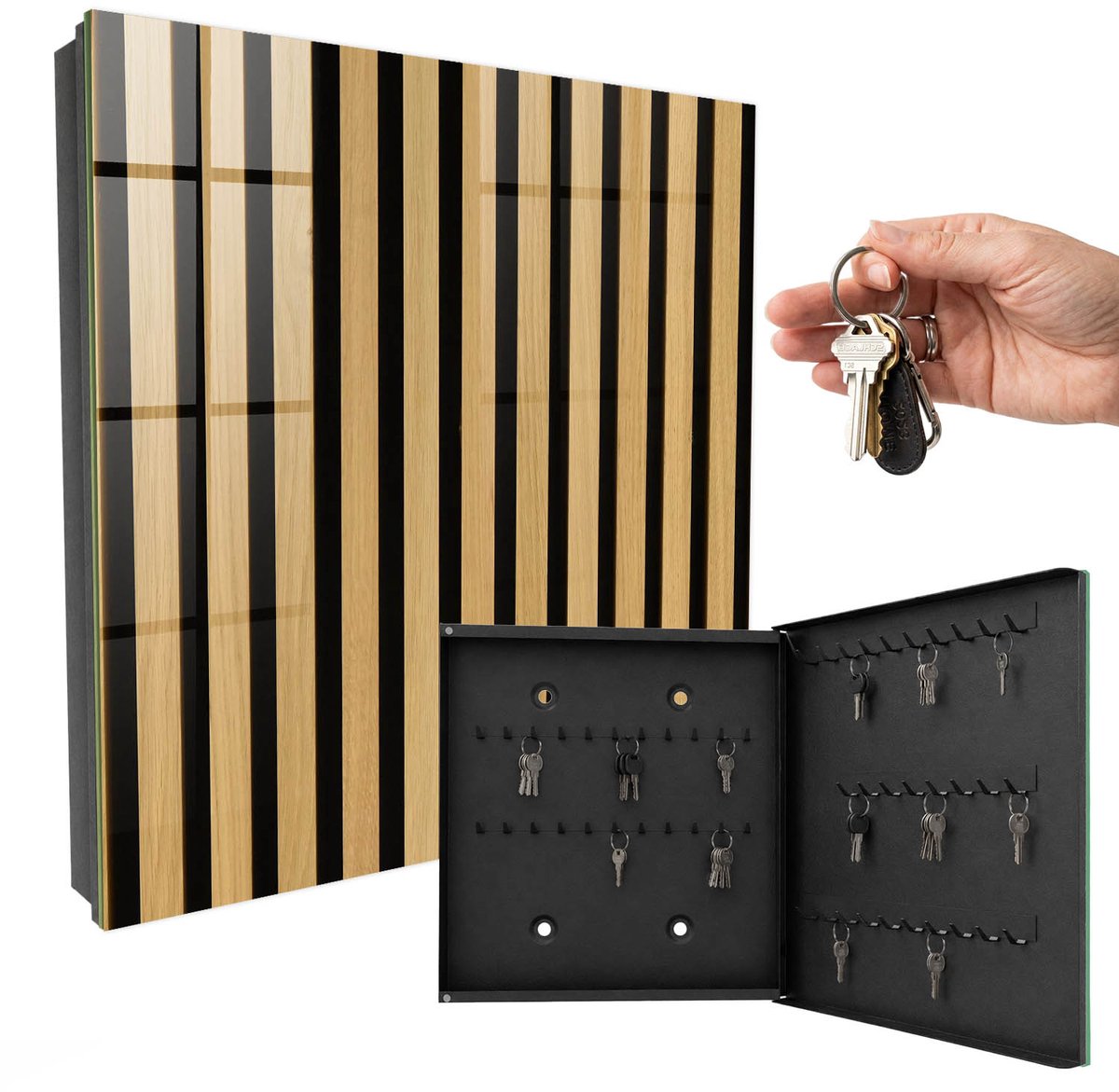WallMuralia - Sleutelkast - 30x30x5 cm - met 50 haken - Houten Constructie Design Sleutelkastje - Bruin Sleutelbox - Rechtsopenend - Zwart interieur