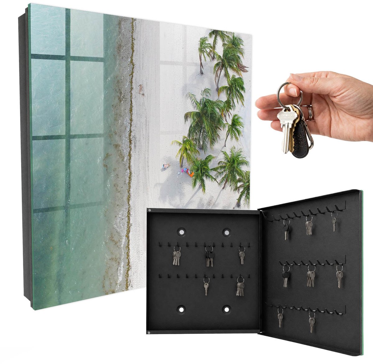 WallMuralia - Sleutelkast - 30x30x5 cm - met 50 haken - Tropisch Strand Design Sleutelkastje - Wit Sleutelbox - Rechtsopenend - Zwart interieur