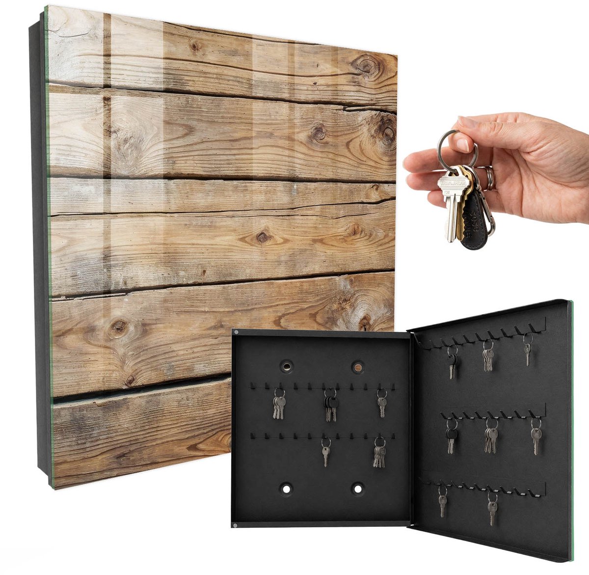WallMuralia - Sleutelkast - 30x30x5 cm - met 50 haken - Houten Planken Sleutelkastje Landelijk - Bruin Sleutelbox - Rechtsopenend - Zwart interieur
