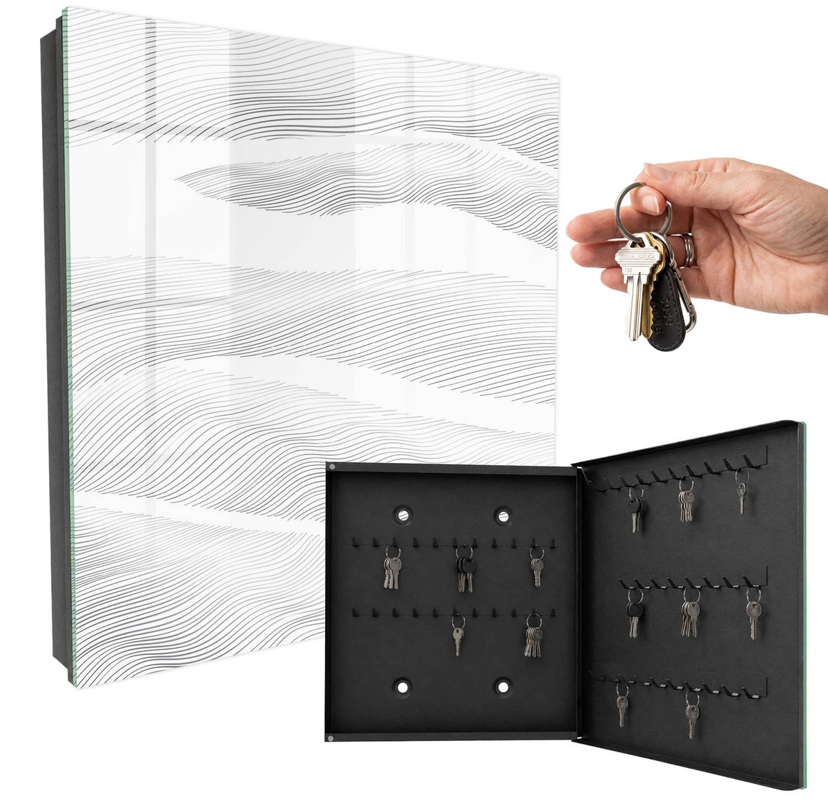 WallMuralia - Sleutelkast - 30x30x5 cm - met 50 haken - Lijngolven Sleutelkastje Voor Binnen - Zwart Sleutelbox - Rechtsopenend - Zwart interieur