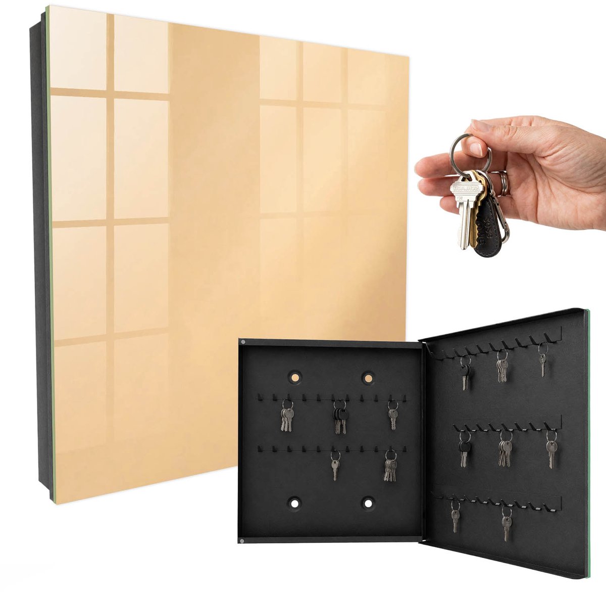 WallMuralia - Sleutelkast - 30x30x5 cm - met 50 haken - Beige Troost Sleutelkastje Klein - Beige Sleutelbox - Rechtsopenend - Zwart interieur