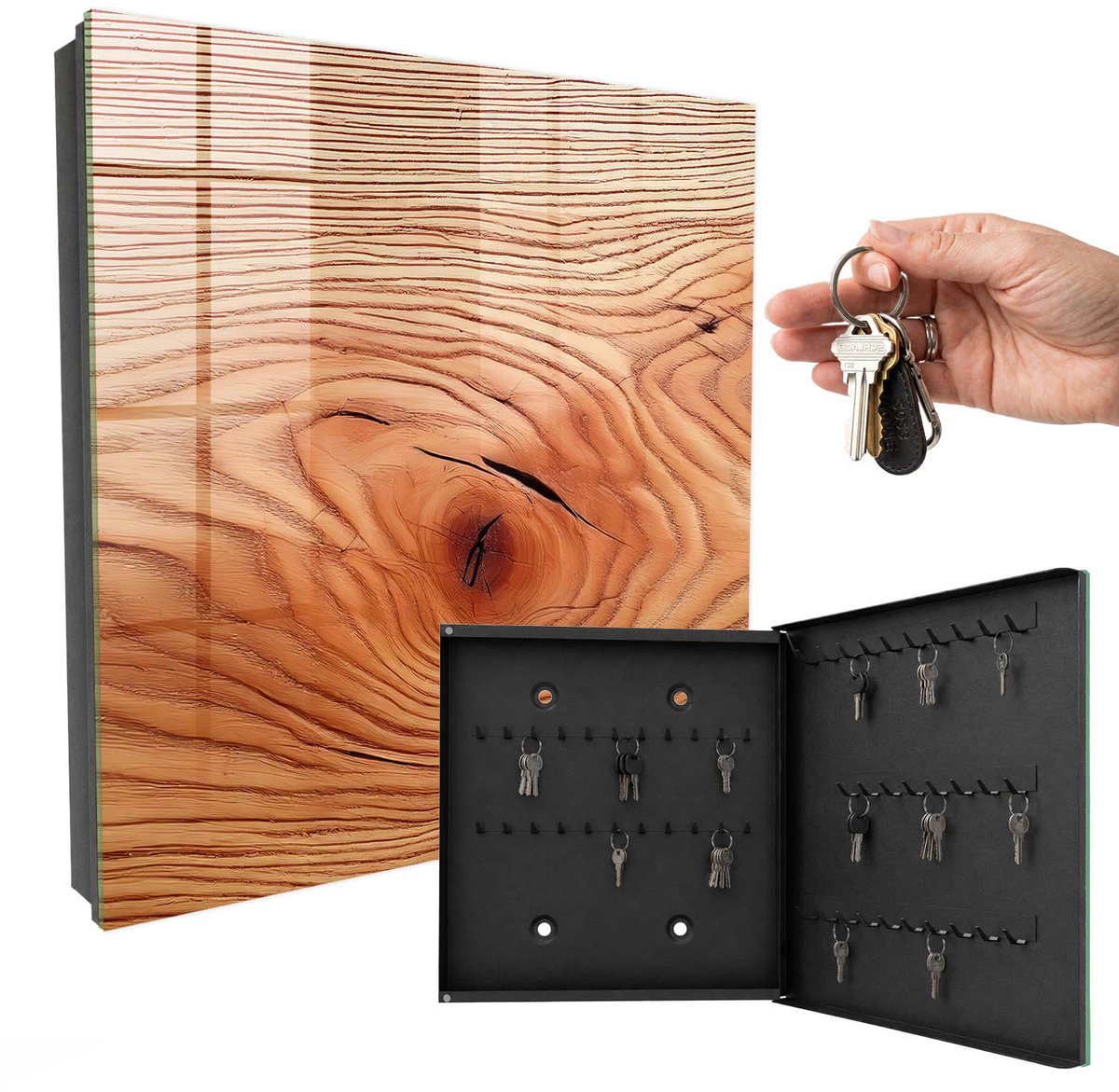WallMuralia - Sleutelkast - 30x30x5 cm - met 50 haken - Houtnerf Sleutelkastje Modern - Bruin Sleutelbox - Rechtsopenend - Zwart interieur