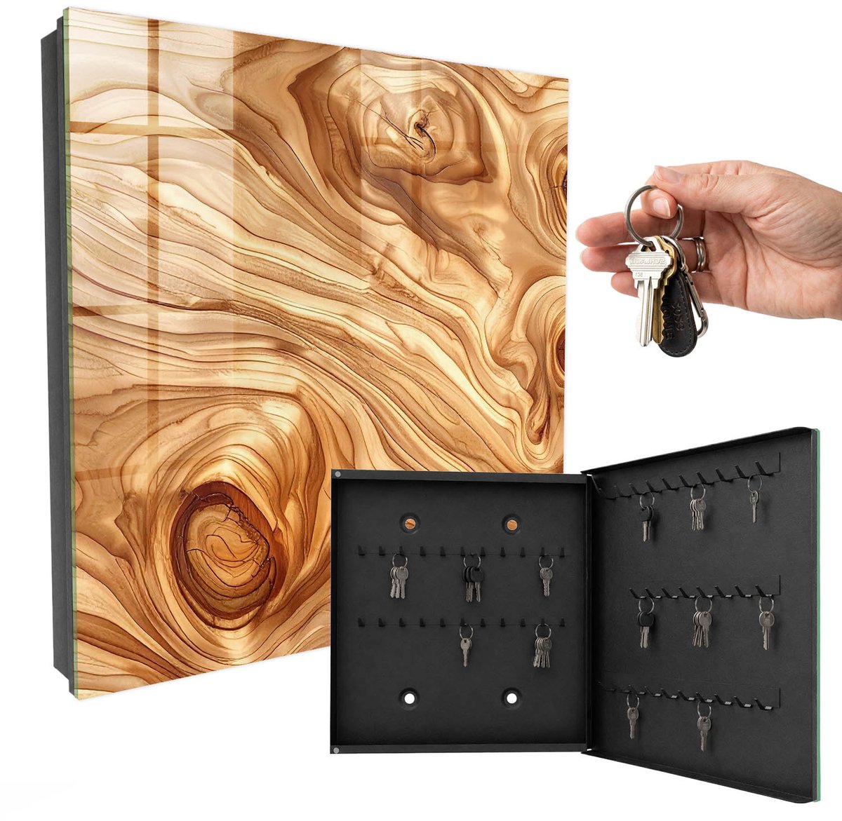 WallMuralia - Sleutelkast - 30x30x5 cm - met 50 haken - Houten Golven Sleutelkastje Voor Binnen - Bruin Sleutelbox - Rechtsopenend - Zwart interieur