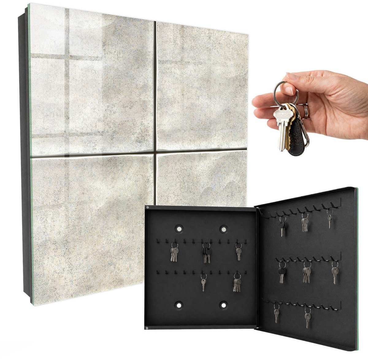 WallMuralia - Sleutelkast - 30x30x5 cm - met 50 haken - Beige Tegels Design Sleutelkastje - Beige Sleutelbox - Rechtsopenend - Zwart interieur
