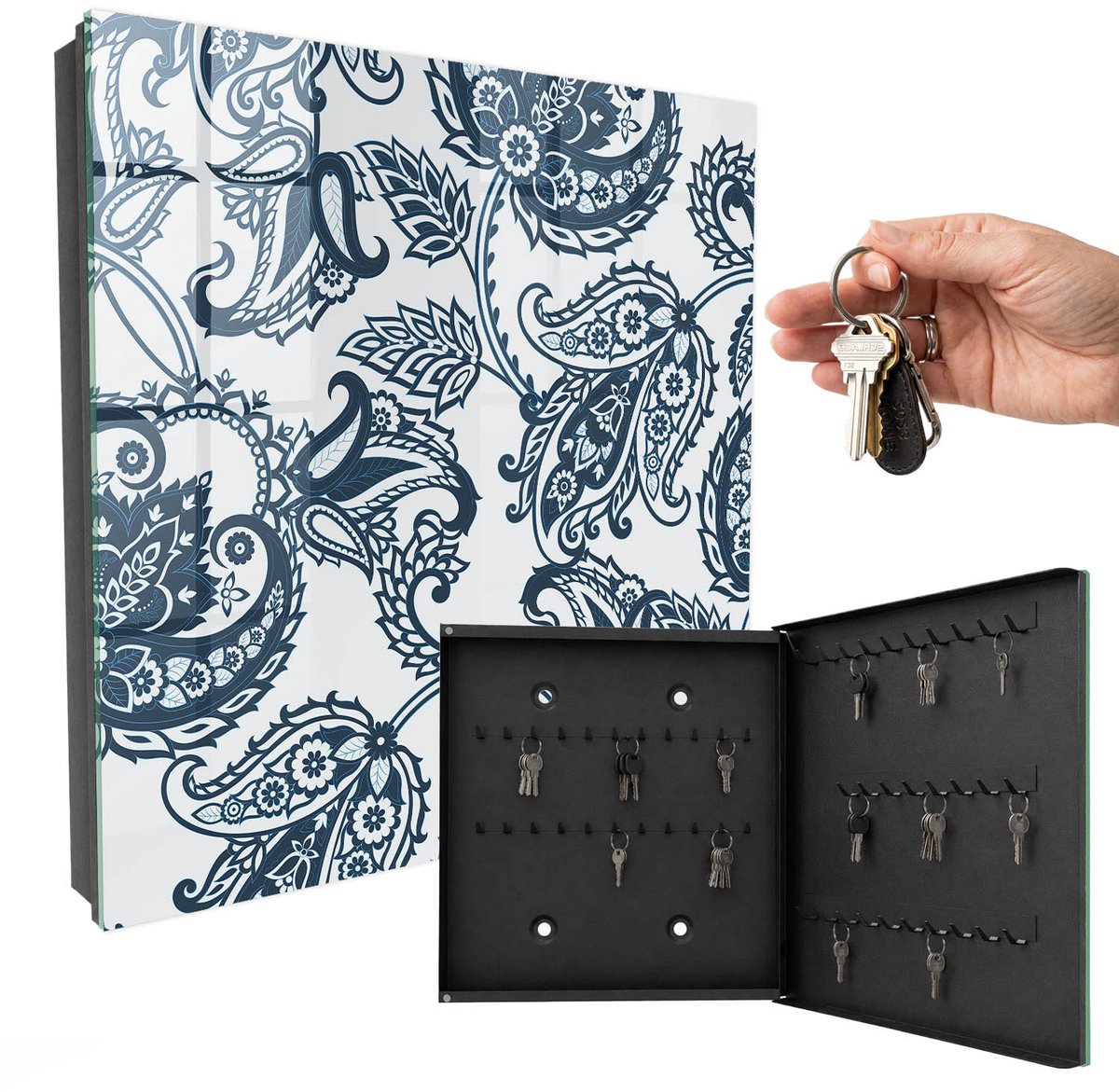 WallMuralia - Sleutelkast - 30x30x5 cm - met 50 haken - Elegante Ornamenten Sleutelkastje Binnen - Grijs Sleutelbox - Rechtsopenend - Zwart interieur