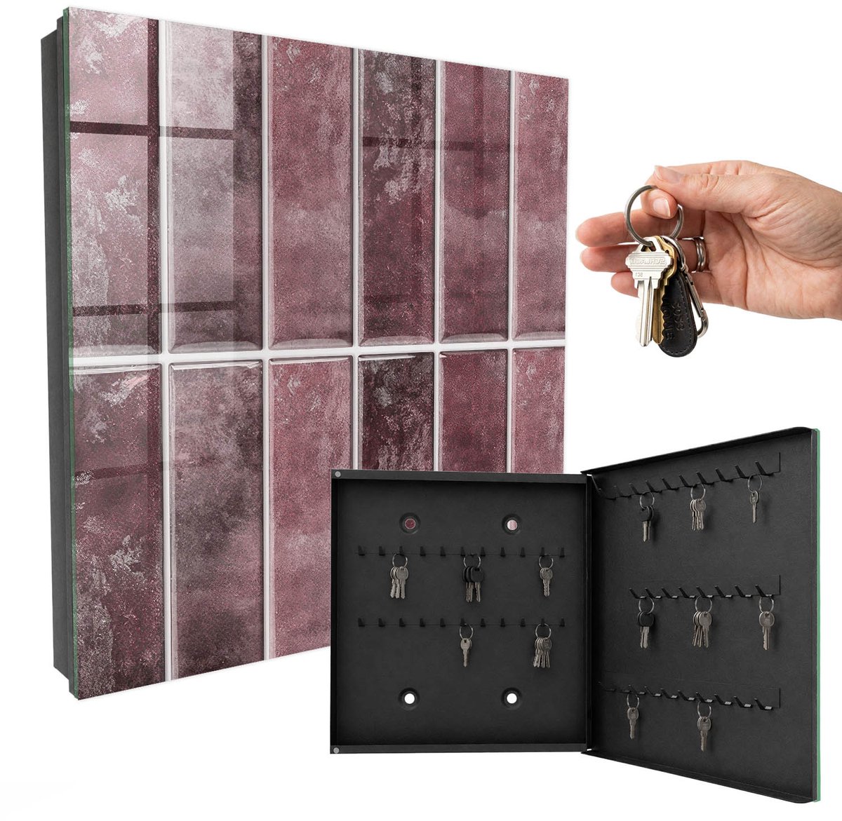 WallMuralia - Sleutelkast - 30x30x5 cm - met 50 haken - Bordeauxrode Tegels Sleutelkastje Modern - Bordeaux Sleutelbox - Rechtsopenend - Zwart interieur
