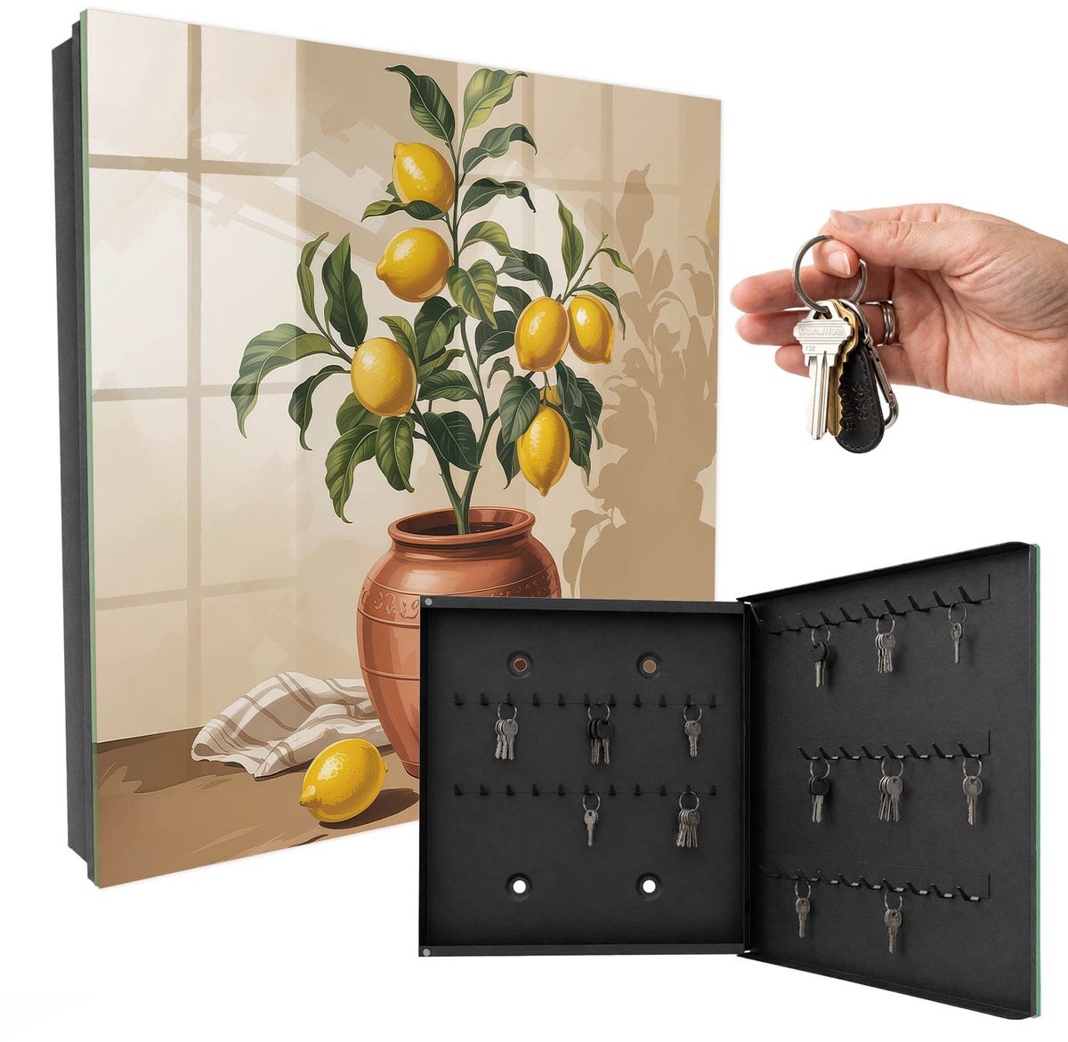 WallMuralia - Sleutelkast - 30x30x5 cm - met 50 haken - Citroenboom Sleutelkastje Hal - Geel Sleutelbox - Rechtsopenend - Zwart interieur