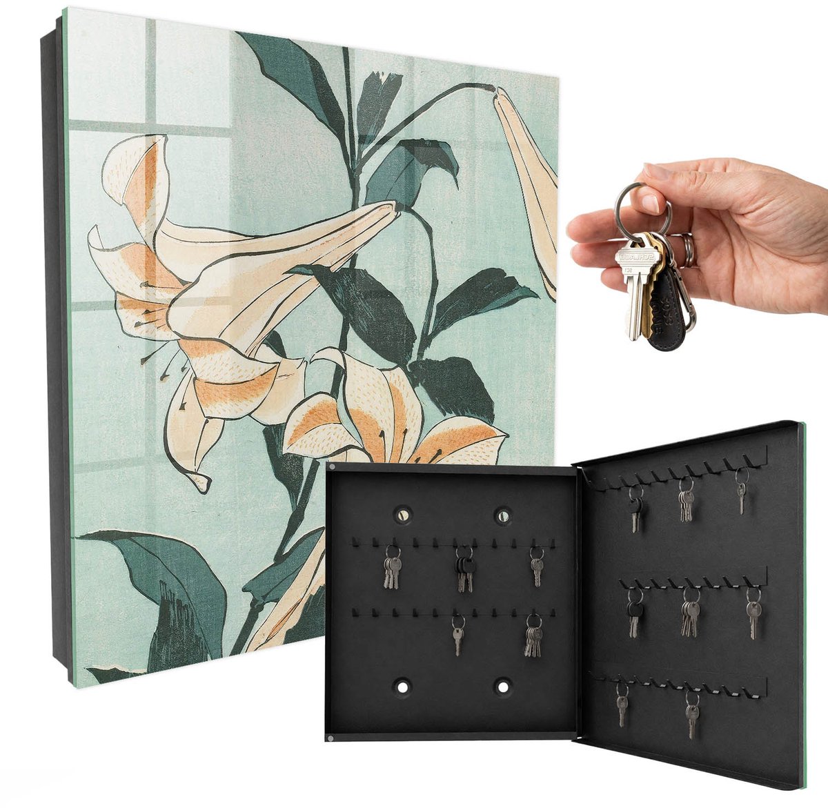 WallMuralia - Sleutelkast - 30x30x5 cm - met 50 haken - Subtiele Lelies Design Sleutelkastje - Groente Sleutelbox - Rechtsopenend - Zwart interieur