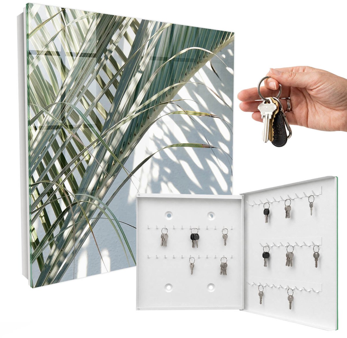 WallMuralia - Sleutelkast - 30x30x5 cm - met 50 haken - Palmbomen En Schaduwen Sleutelkastje Gang - Wit Sleutelbox - Rechtsopenend - Wit interieur