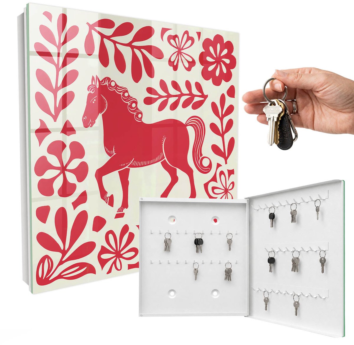 WallMuralia - Sleutelkast - 30x30x5 cm - met 50 haken - Volksillustratie Met Een Paardenmotief. Groot Sleutelkastje - Rood Sleutelbox - Rechtsopenend - Wit interieur