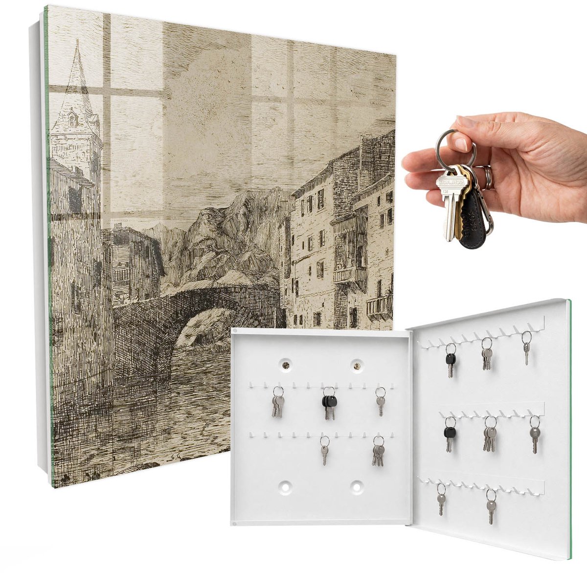 WallMuralia - Sleutelkast - 30x30x5 cm - met 50 haken - Oude Sfeer Sleutelkastje Modern - Beige Sleutelbox - Rechtsopenend - Wit interieur