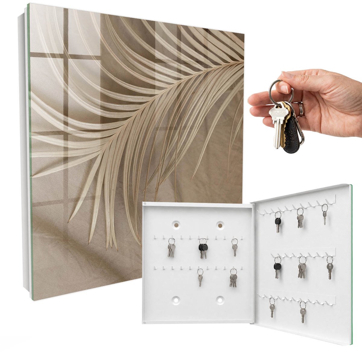 WallMuralia - Sleutelkast - 30x30x5 cm - met 50 haken - Natuurlijke Elegantie Sleutelkastje Design - Beige Sleutelbox - Rechtsopenend - Wit interieur