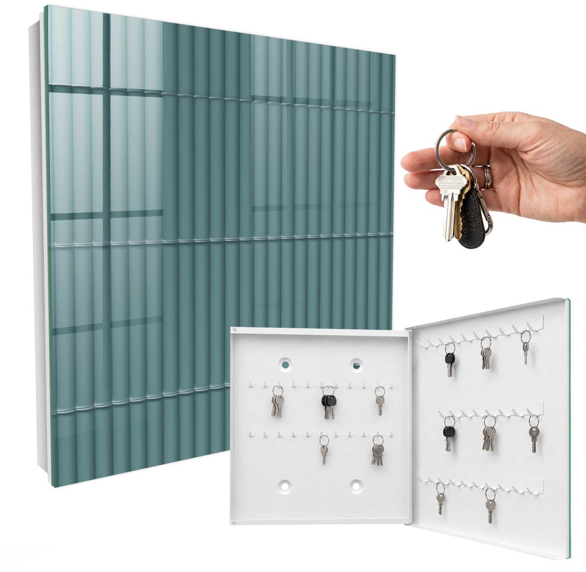WallMuralia - Sleutelkast - 30x30x5 cm - met 50 haken - Turquoise Textuur Sleutelkastje Muur - Blauw Sleutelbox - Rechtsopenend - Wit interieur