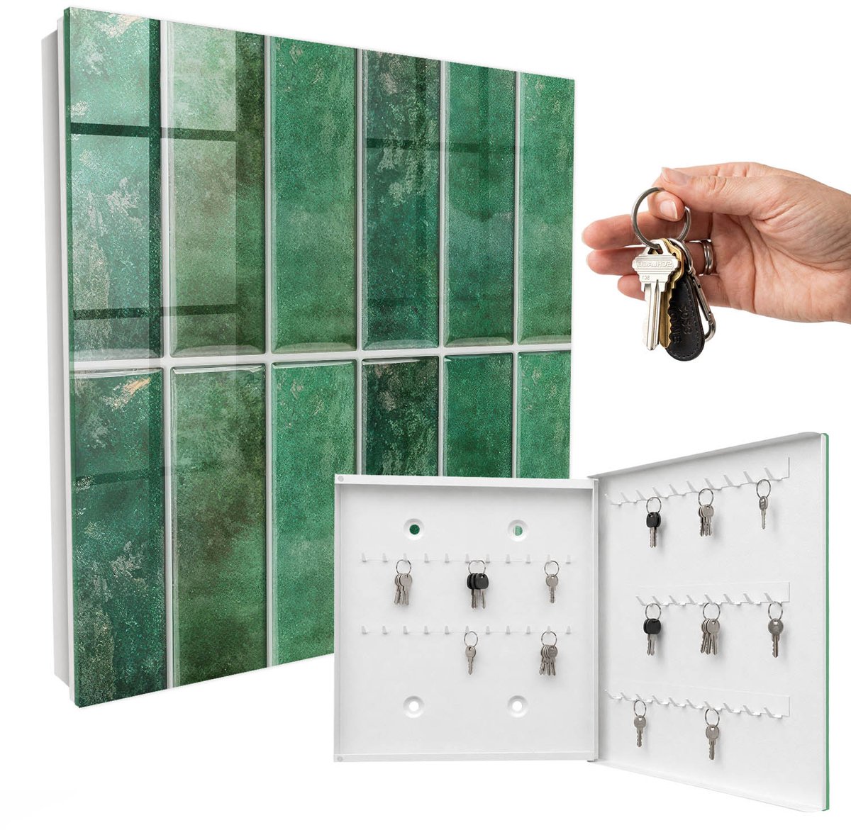 WallMuralia - Sleutelkast - 30x30x5 cm - met 50 haken - Groen Patroon Leuk Sleutelkastje - Groente Sleutelbox - Rechtsopenend - Wit interieur
