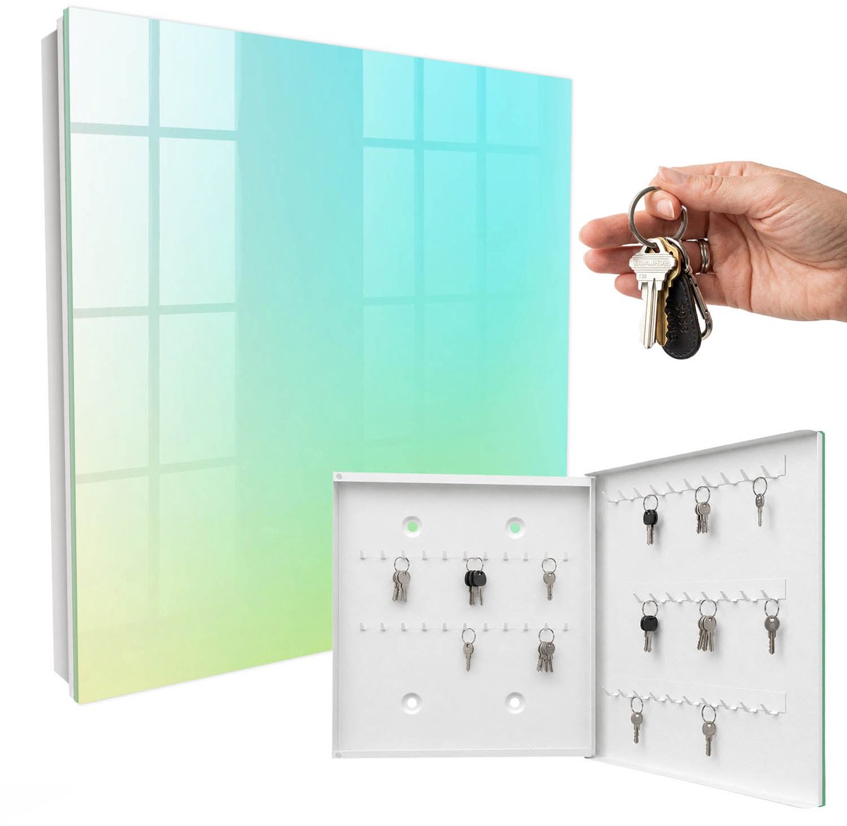 WallMuralia - Sleutelkast - 30x30x5 cm - met 50 haken - Zomerse Frisheid Sleutelkastje Hal - Turkoois Sleutelbox - Rechtsopenend - Wit interieur