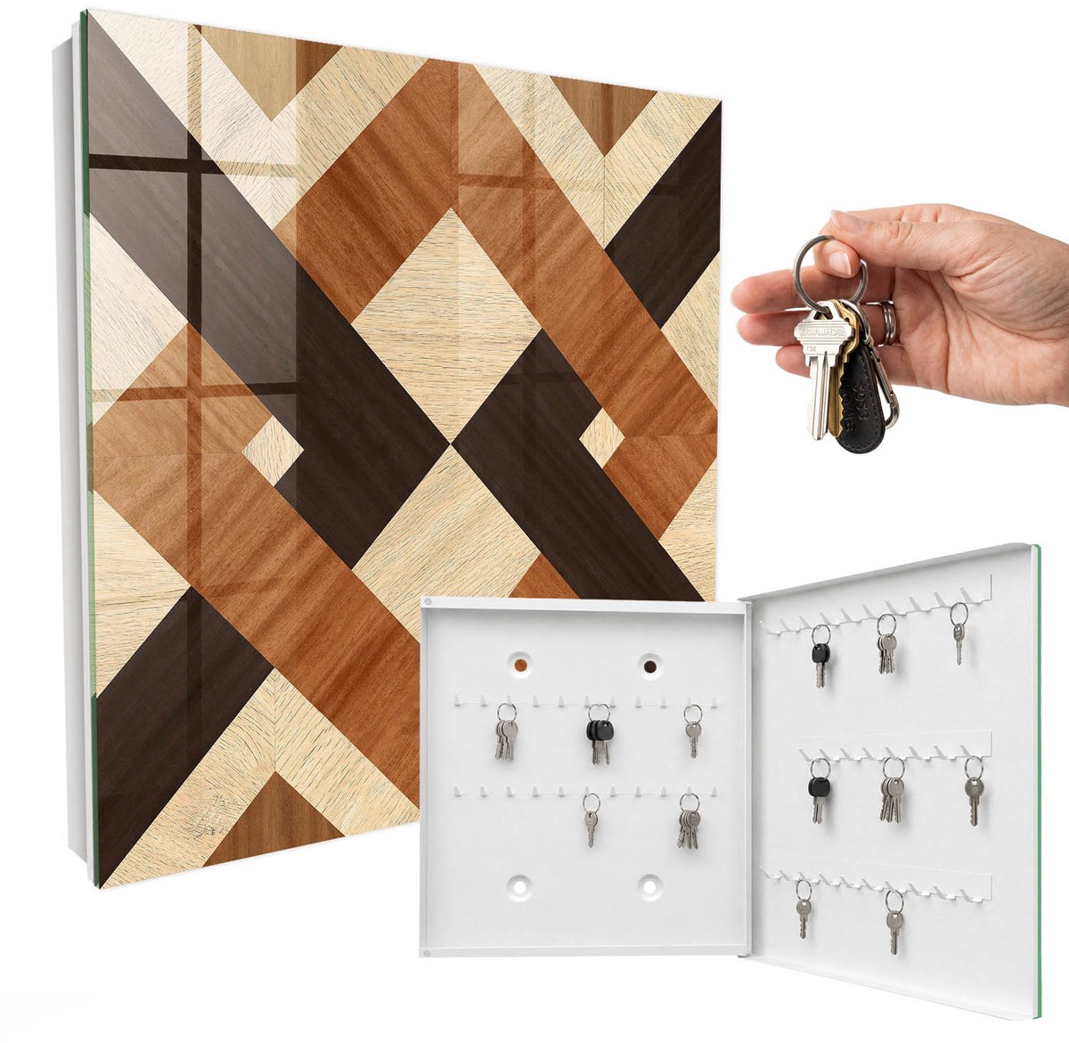WallMuralia - Sleutelkast - 30x30x5 cm - met 50 haken - Moderne Geometrie Sleutelkastje Huis - Bruin Sleutelbox - Rechtsopenend - Wit interieur