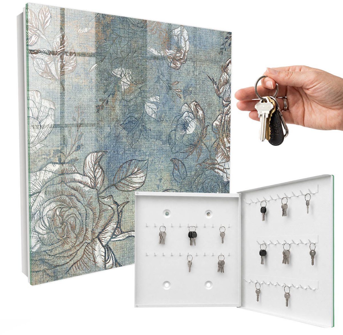 WallMuralia - Sleutelkast - 30x30x5 cm - met 50 haken - Bloemenpatroon Sleutelkastje Klein - Blauw Sleutelbox - Rechtsopenend - Wit interieur
