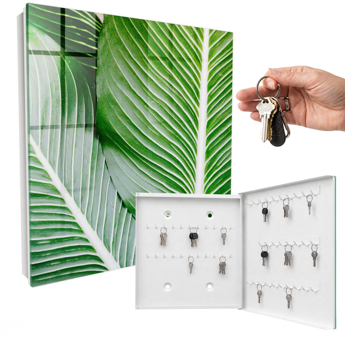 WallMuralia - Sleutelkast - 30x30x5 cm - met 50 haken - Het Groen Van De Natuur Sleutelkastje Muur - Groente Sleutelbox - Rechtsopenend - Wit interieur