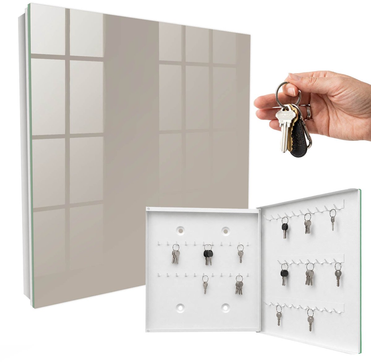WallMuralia - Sleutelkast - 30x30x5 cm - met 50 haken - Warmgrijs Sleutelkastje Voor Binnen - Grijs Sleutelbox - Rechtsopenend - Wit interieur