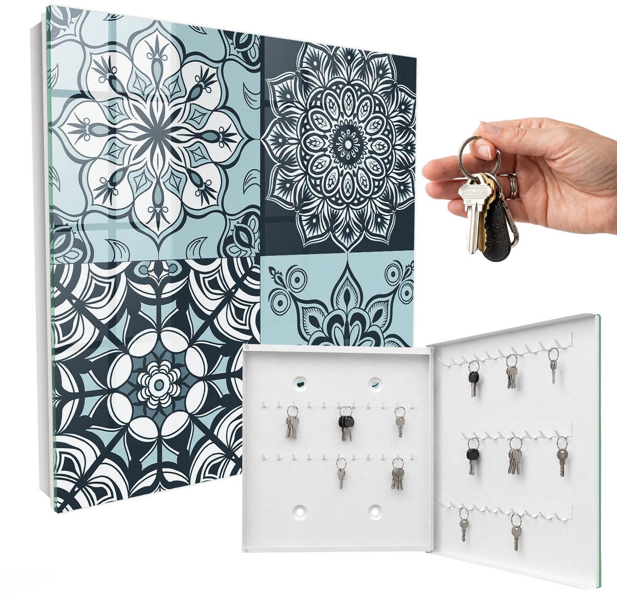 WallMuralia - Sleutelkast - 30x30x5 cm - met 50 haken - Geometrische Patronen Sleutelkastje - Blauw Sleutelbox - Rechtsopenend - Wit interieur