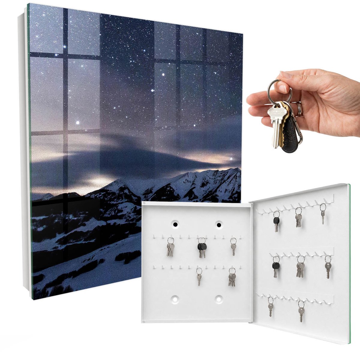 WallMuralia - Sleutelkast - 30x30x5 cm - met 50 haken - Nachtbergen Sleutelkastje - Blauw Sleutelbox - Rechtsopenend - Wit interieur