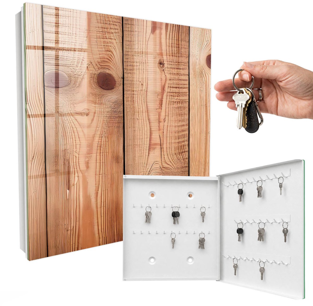 WallMuralia - Sleutelkast - 30x30x5 cm - met 50 haken - Houten Ringen Groot Sleutelkastje - Bruin Sleutelbox - Rechtsopenend - Wit interieur