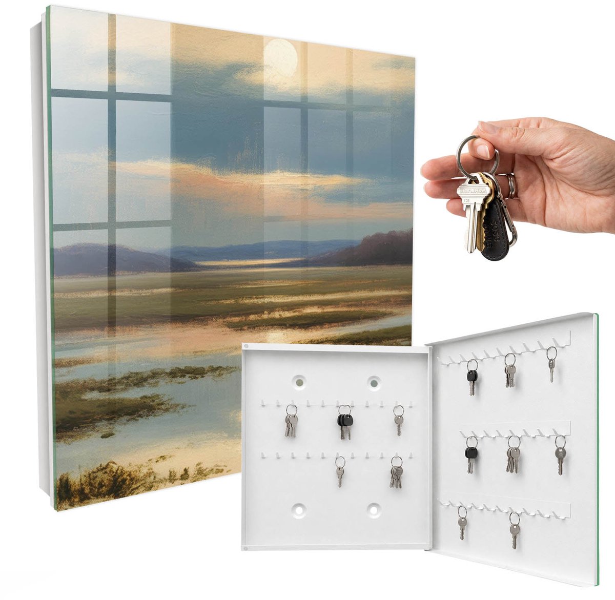 WallMuralia - Sleutelkast - 30x30x5 cm - met 50 haken - Landschap Van Vrede Sleutelkastje Landelijk - Beige Sleutelbox - Rechtsopenend - Wit interieur