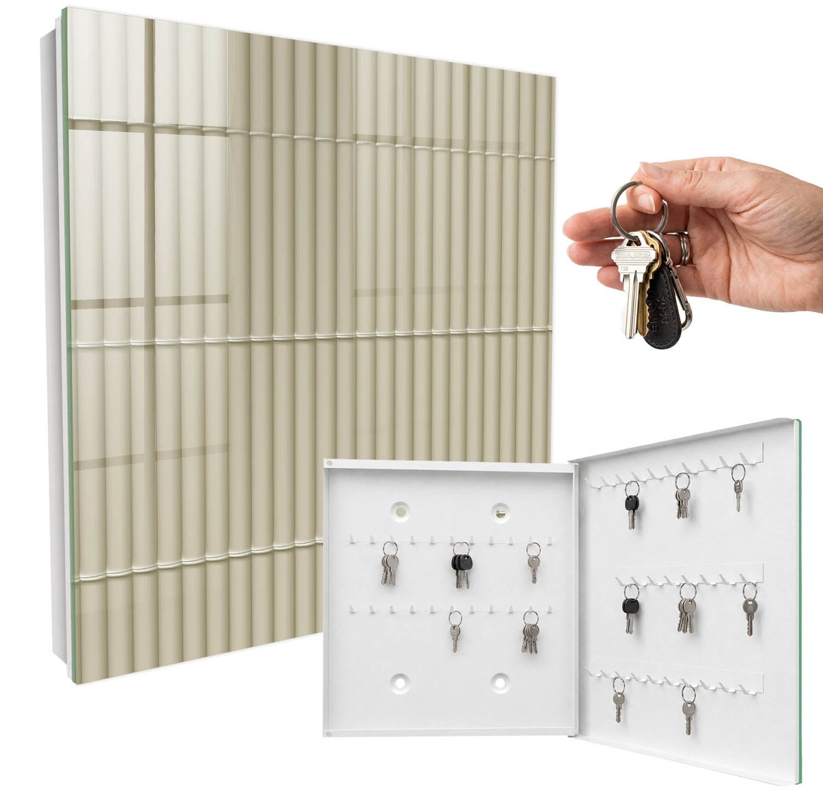 WallMuralia - Sleutelkast - 30x30x5 cm - met 50 haken - Beige Strepen Sleutelkastje Landelijk - Beige Sleutelbox - Rechtsopenend - Wit interieur