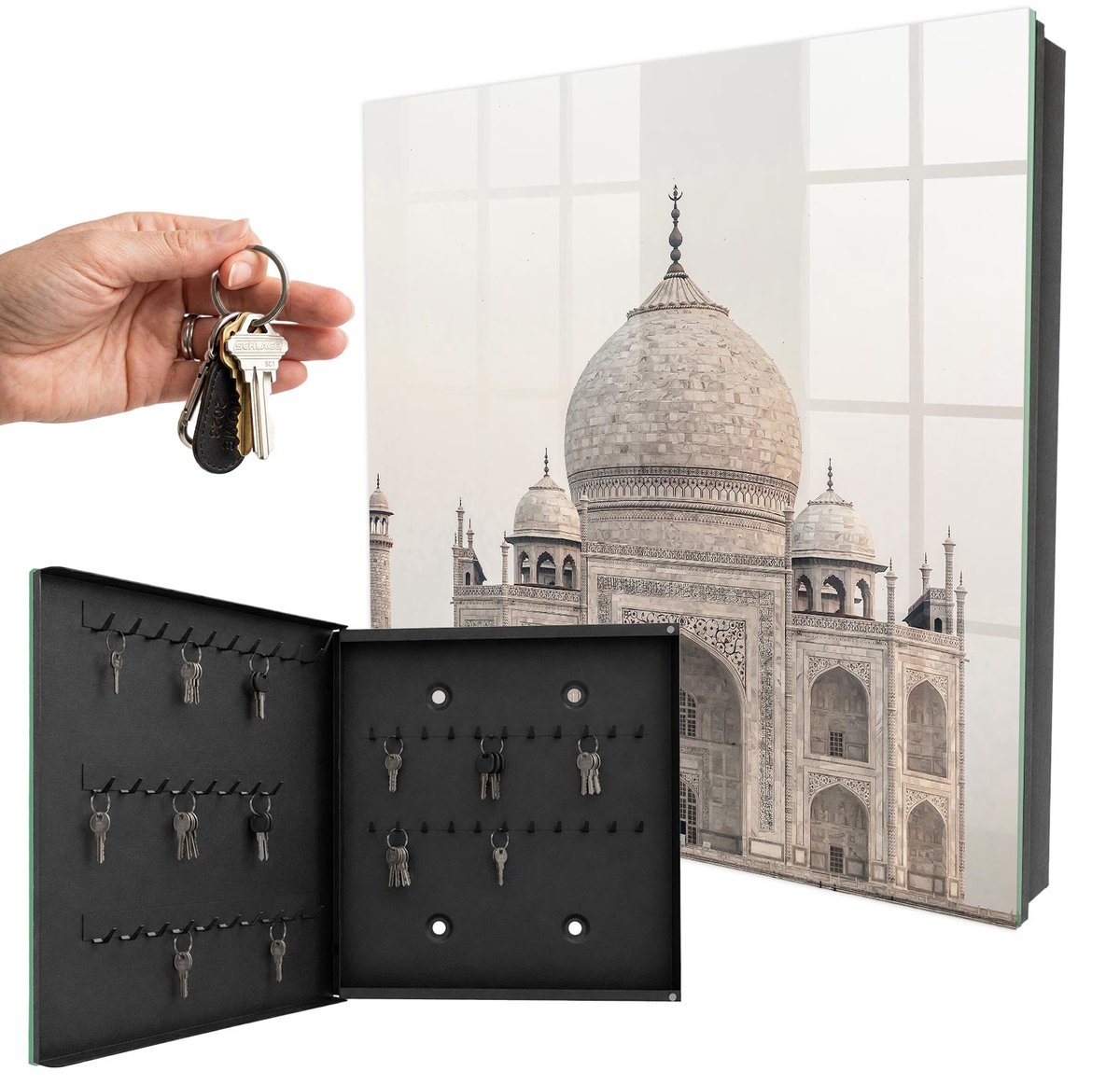 WallMuralia - Sleutelkast - 30x30x5 cm - met 50 haken - Een Majestueus Gebouw Sleutelkastje Muur - Beige Sleutelbox - Linksopenend - Zwart interieur