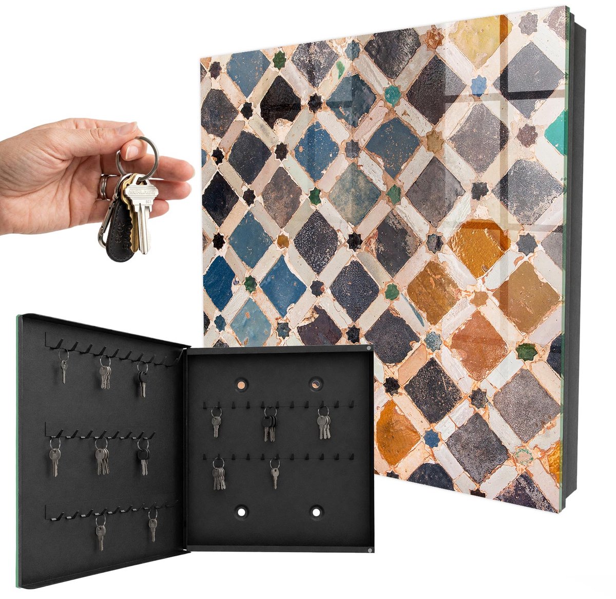 WallMuralia - Sleutelkast - 30x30x5 cm - met 50 haken - Kleurrijk Mozaïek Sleutelkastje Hal - Blauw Sleutelbox - Linksopenend - Zwart interieur