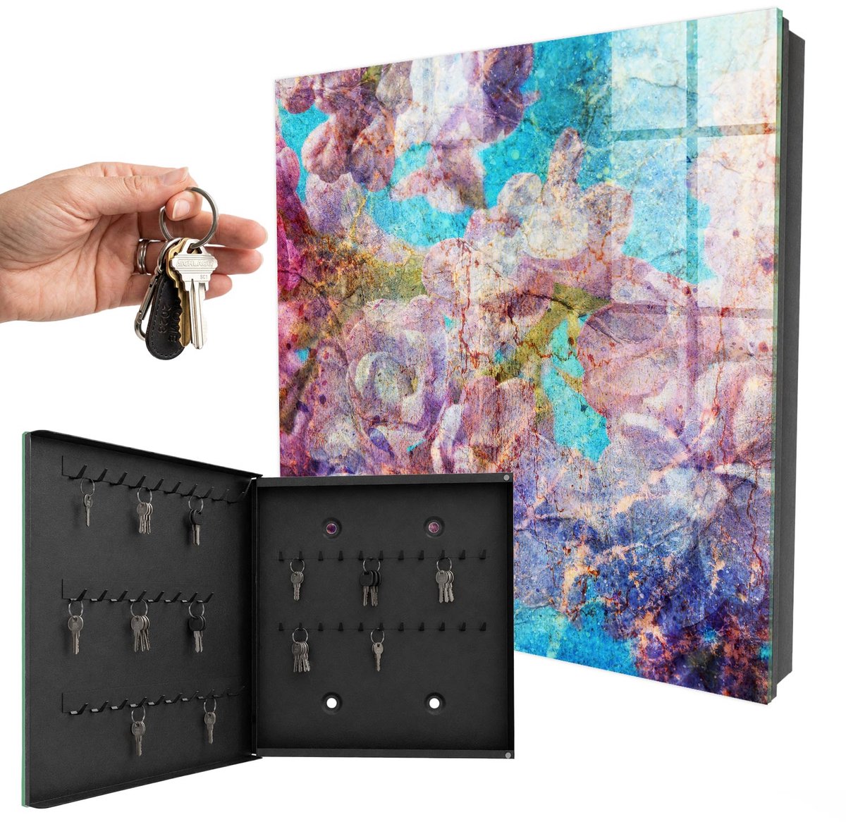 WallMuralia - Sleutelkast - 30x30x5 cm - met 50 haken - Kleurrijke Bloemen Sleutelkastje Klein - Blauw Sleutelbox - Linksopenend - Zwart interieur