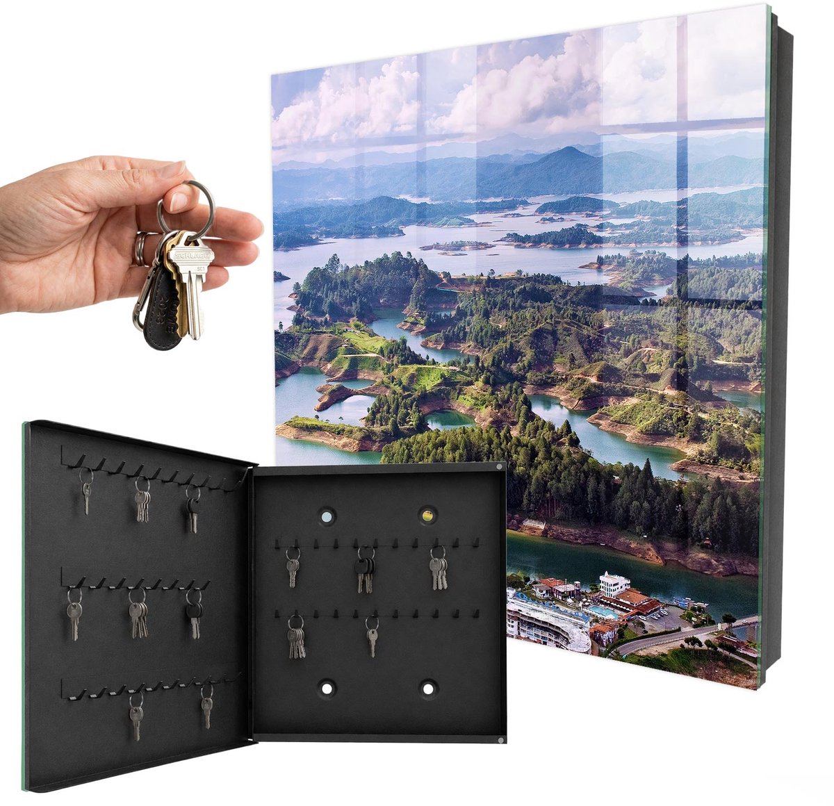 WallMuralia - Sleutelkast - 30x30x5 cm - met 50 haken - Groene Eilanden Sleutelkastje - Groente Sleutelbox - Linksopenend - Zwart interieur