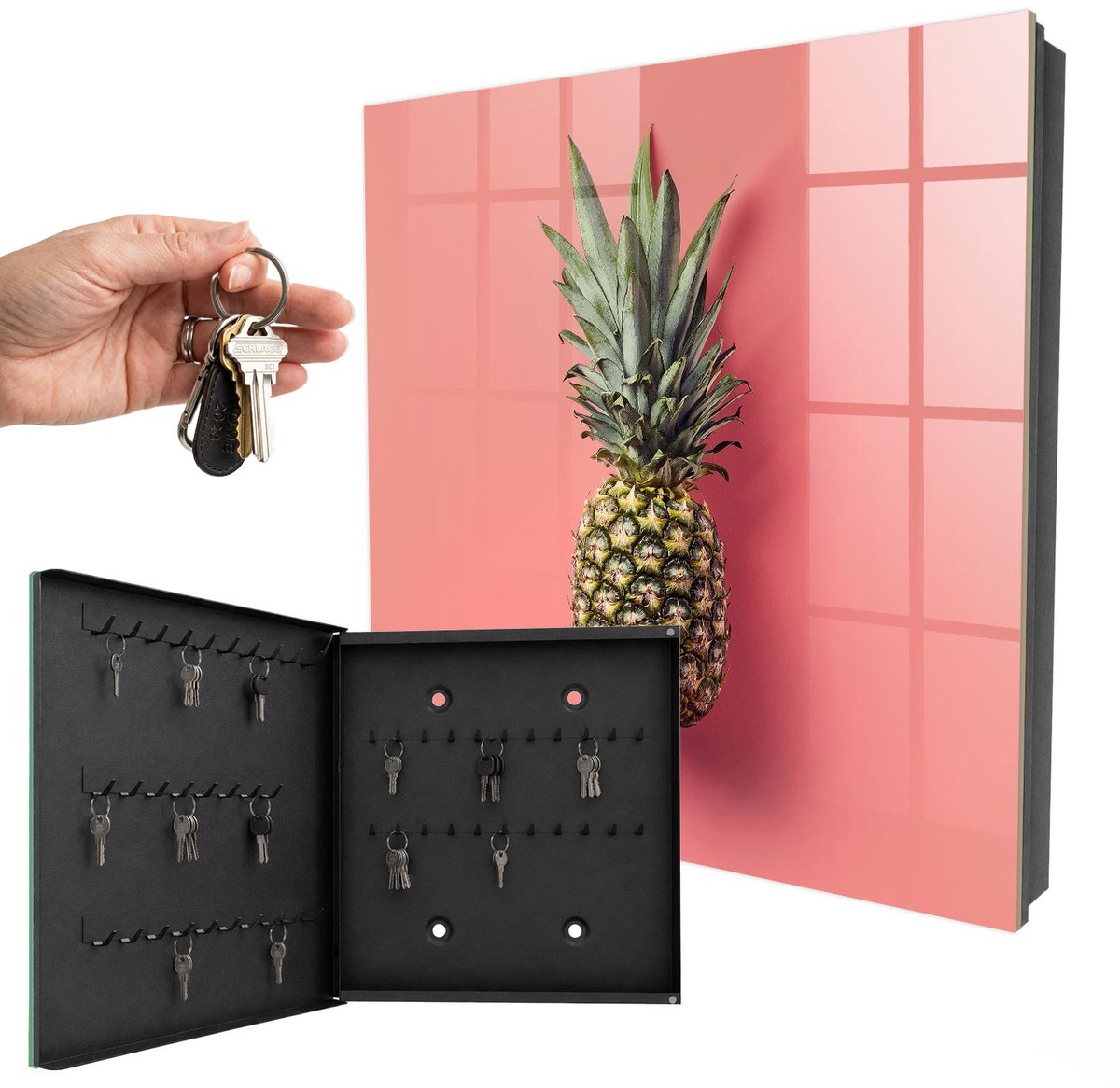 WallMuralia - Sleutelkast - 30x30x5 cm - met 50 haken - Exotische Ananas Design Sleutelkastje - Roze Sleutelbox - Linksopenend - Zwart interieur
