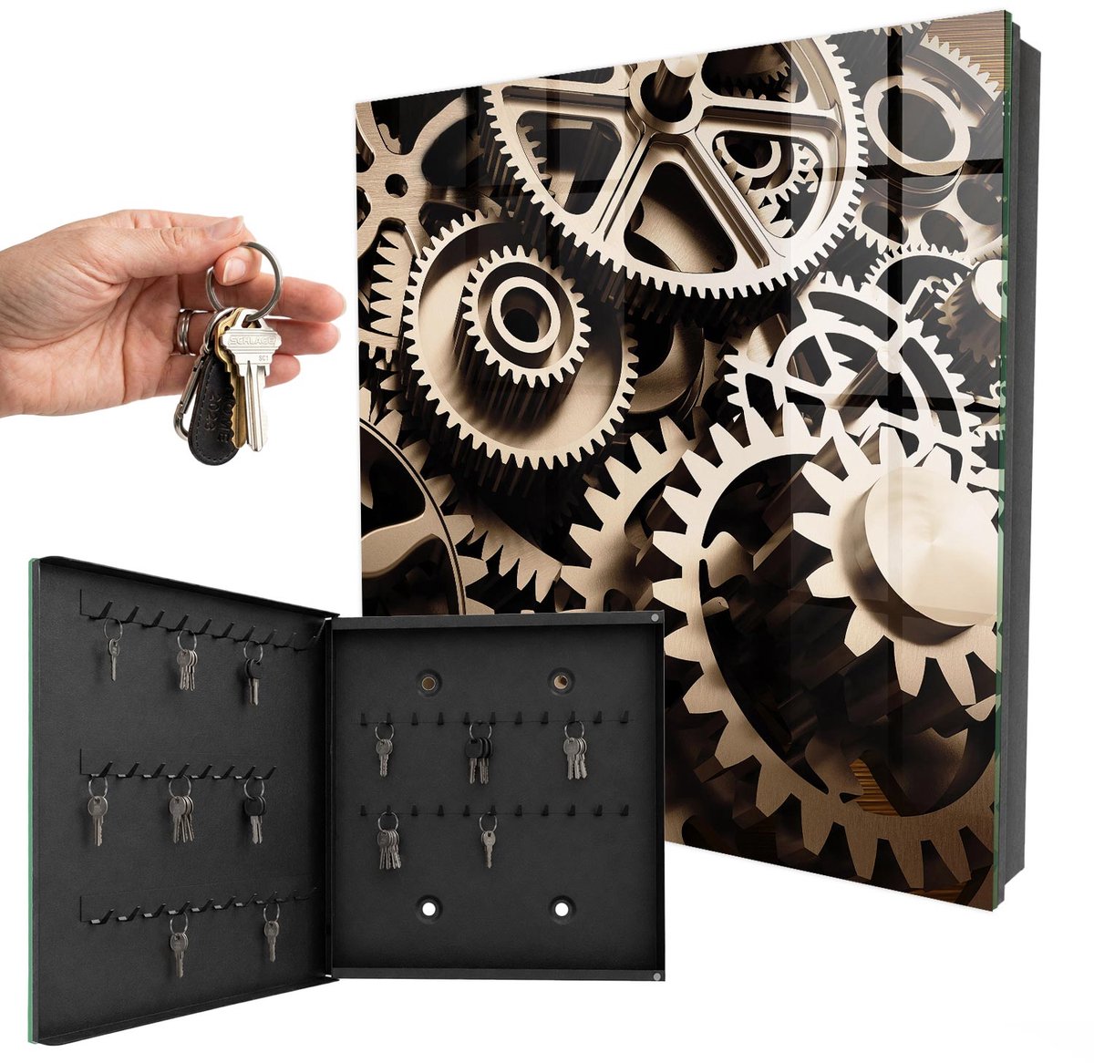 WallMuralia - Sleutelkast - 30x30x5 cm - met 50 haken - Mechanische Symbiose Sleutelkastje Binnen - Grijs Sleutelbox - Linksopenend - Zwart interieur