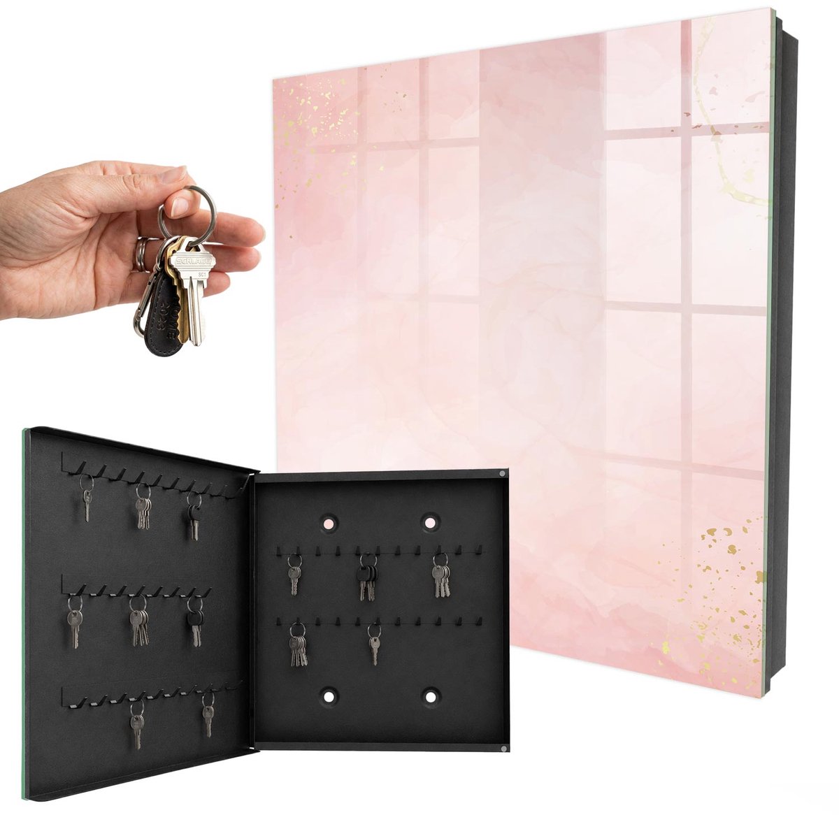 WallMuralia - Sleutelkast - 30x30x5 cm - met 50 haken - Pastel Elegantie Groot Sleutelkastje - Roze Sleutelbox - Linksopenend - Zwart interieur