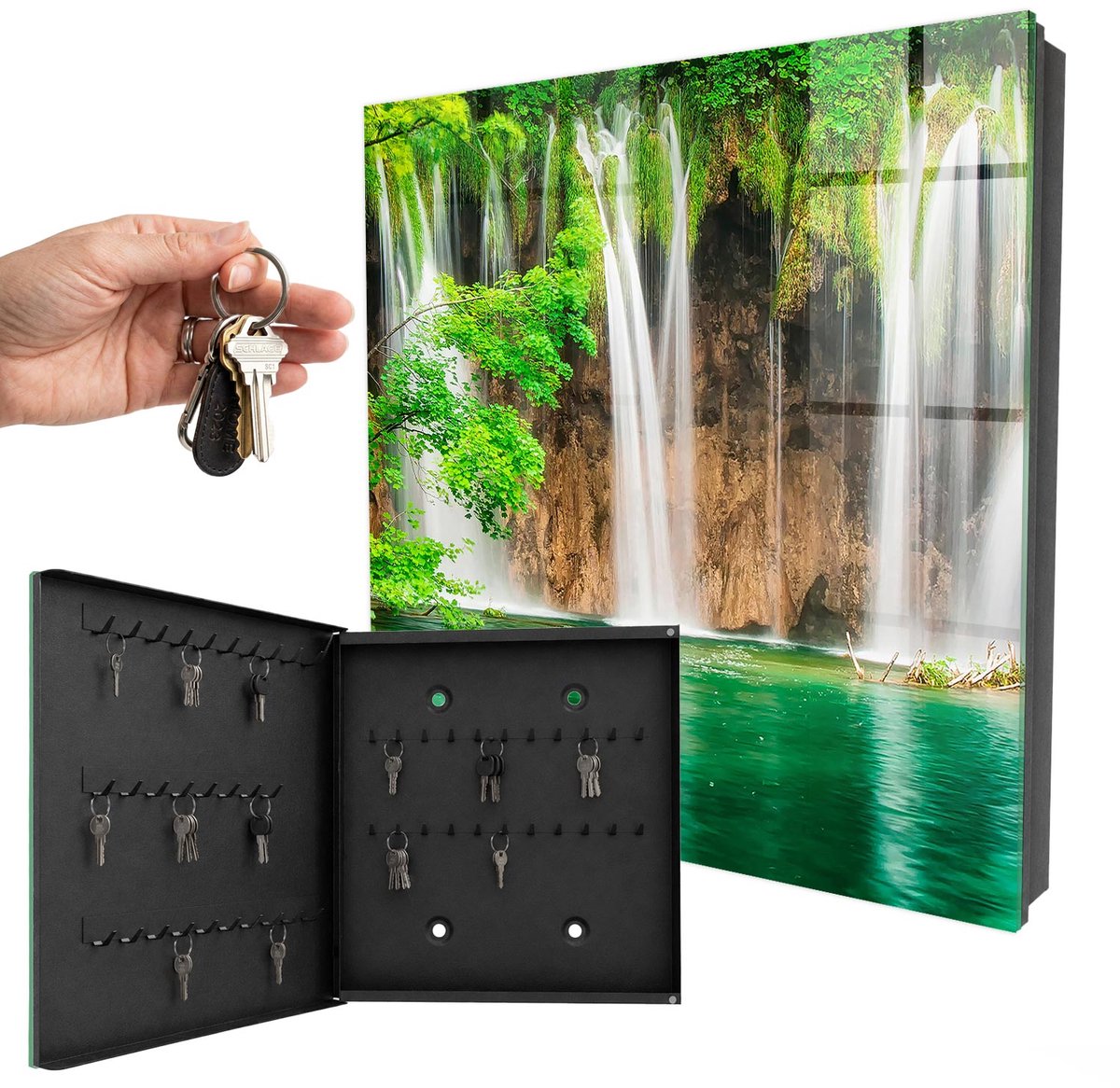 WallMuralia - Sleutelkast - 30x30x5 cm - met 50 haken - Groene Waterval Sleutelkastje Modern - Groente Sleutelbox - Linksopenend - Zwart interieur