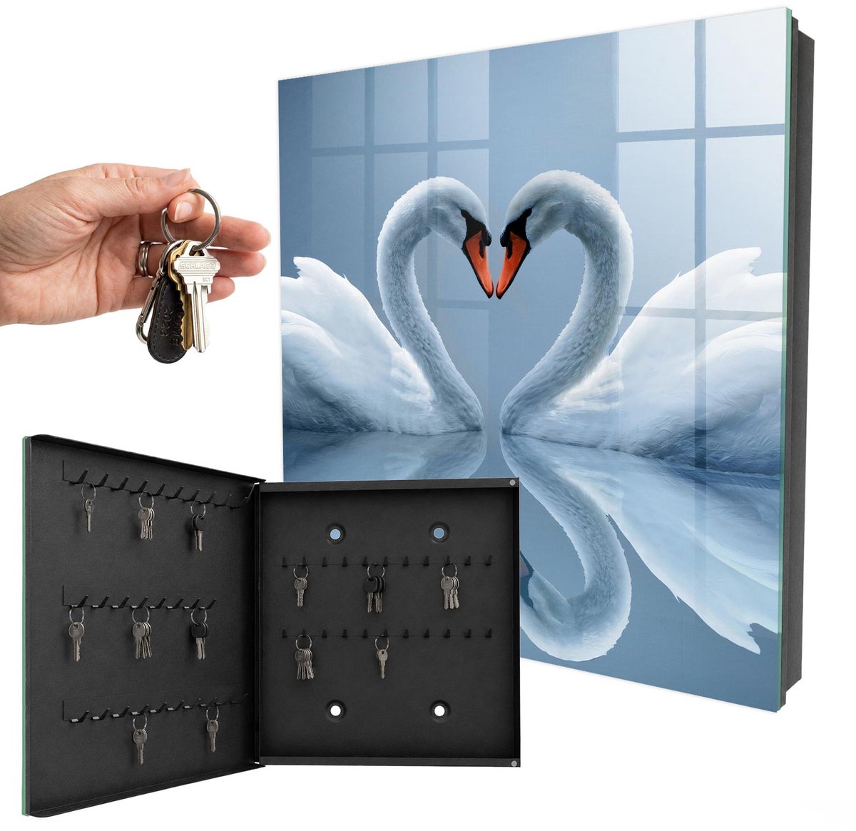 WallMuralia - Sleutelkast - 30x30x5 cm - met 50 haken - Zwanenliefde Sleutelkastje - Wit Sleutelbox - Linksopenend - Zwart interieur