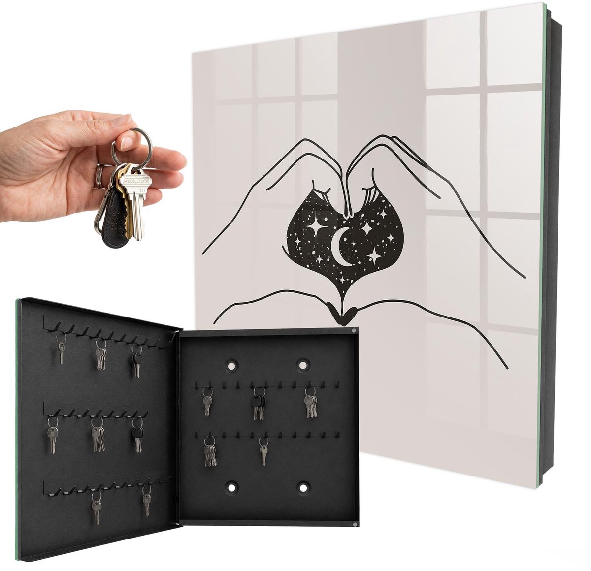 WallMuralia - Sleutelkast - 30x30x5 cm - met 50 haken - De Kosmos Van Het Hart Sleutelkastje Industrieel - Zwart-Wit Sleutelbox - Linksopenend - Zwart interieur